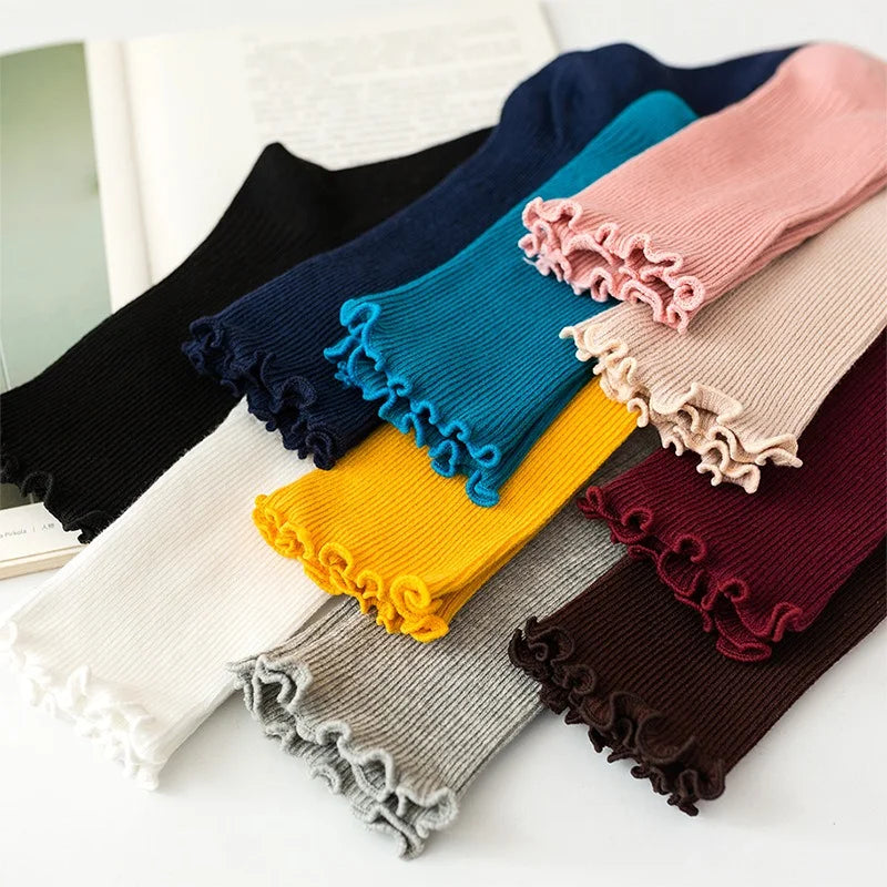 Women's Cotton Stackable Socks Mid Calf Solid Color Ruffle Trim Vintage Style All Season Casual Socks EU 35-40 (1 3 5 Pairs)