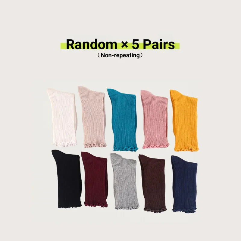 Women's Cotton Stackable Socks Mid Calf Solid Color Ruffle Trim Vintage Style All Season Casual Socks EU 35-40 (1 3 5 Pairs)