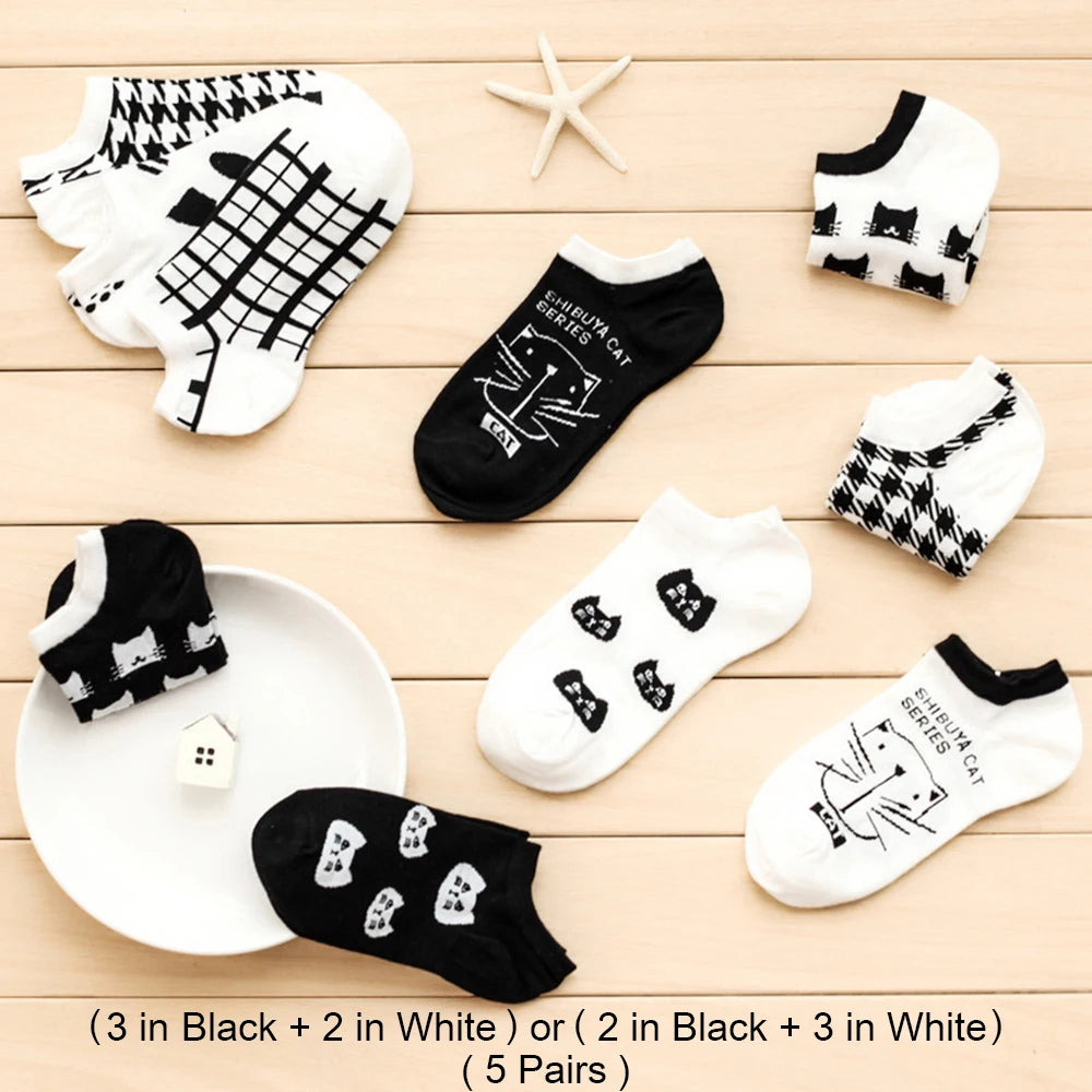 5 Pairs Women Cute Cat Socks Short Ankle Socks Cartoon Animal Kitten Korean Fashion Girls Kawaii Casual Socks Calcetines Mujer