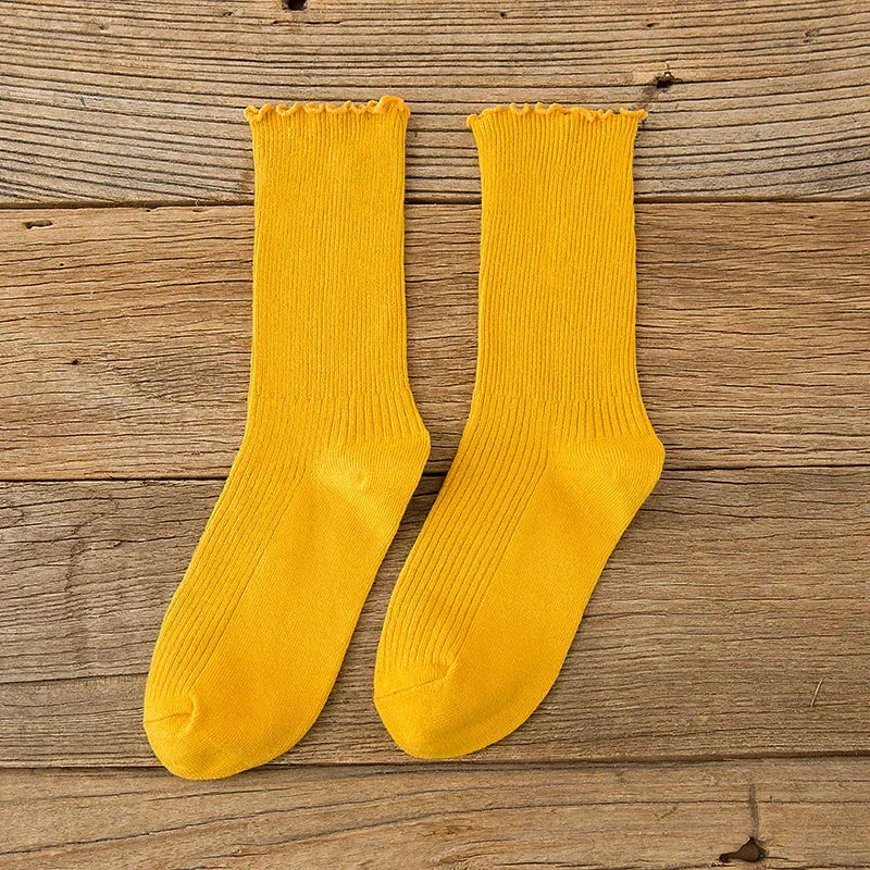 Women's Cotton Stackable Socks Mid Calf Solid Color Ruffle Trim Vintage Style All Season Casual Socks EU 35-40 (1 3 5 Pairs)