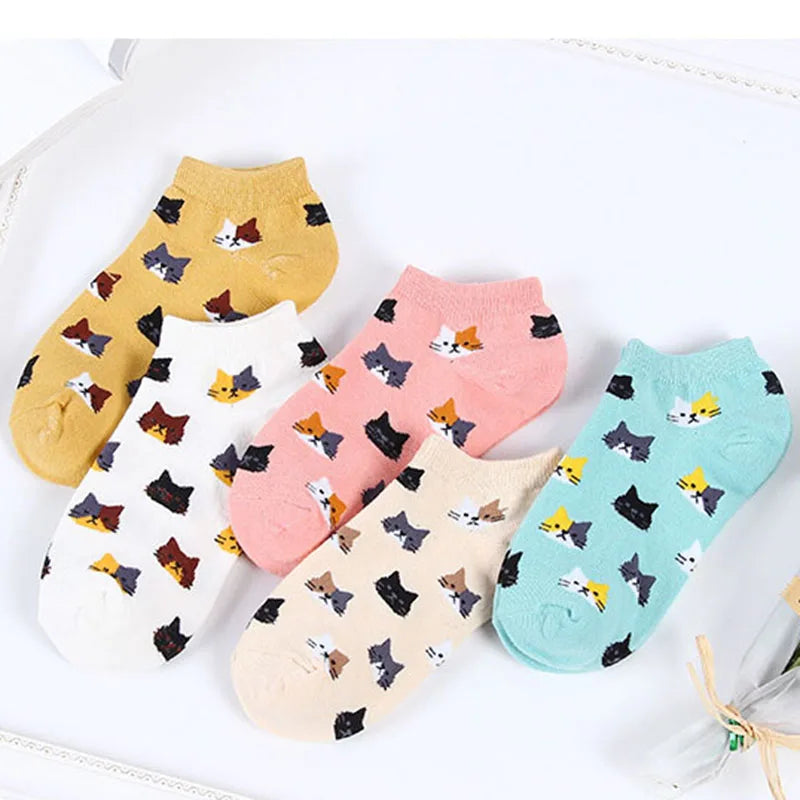 5 Pairs Women Cute Cat Socks Short Ankle Socks Cartoon Animal Kitten Korean Fashion Girls Kawaii Casual Socks Calcetines Mujer