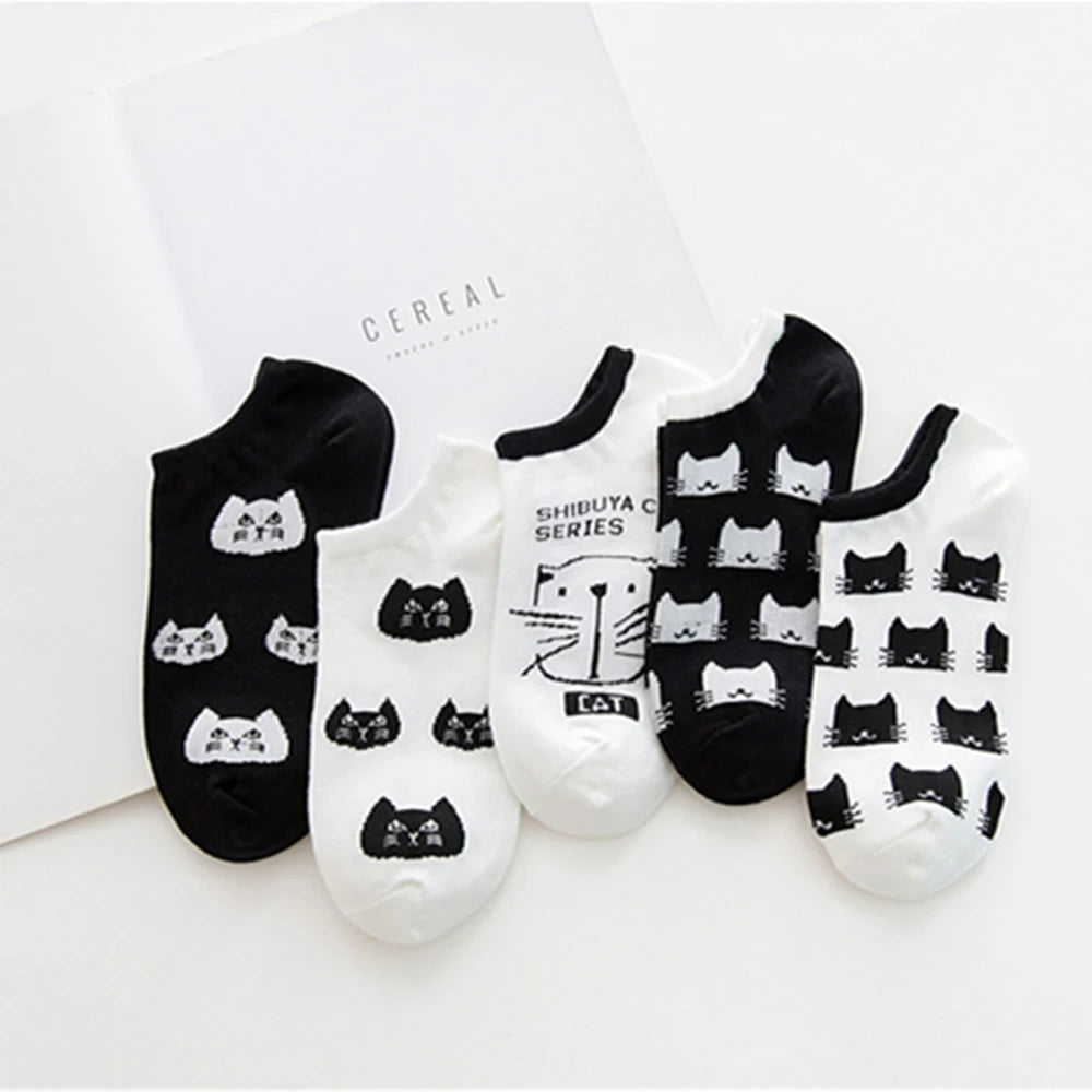 5 Pairs Women Cute Cat Socks Short Ankle Socks Cartoon Animal Kitten Korean Fashion Girls Kawaii Casual Socks Calcetines Mujer