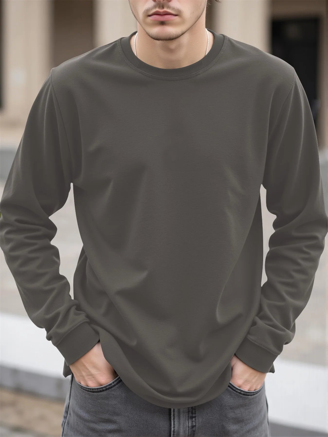 Men's 100% Cotton Long Sleeve T-Shirt Autumn 2025 Crew Neck Loose plus Size High-Quality Comfortable Solid Color Casual Top