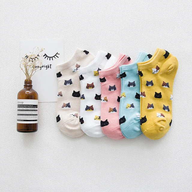 5 Pairs Women Cute Cat Socks Short Ankle Socks Cartoon Animal Kitten Korean Fashion Girls Kawaii Casual Socks Calcetines Mujer